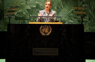 New York, 20/09/2023 - Il Presidente del Consiglio, Giorgia Meloni, interviene alla 78ma Assemblea Generale delle Nazioni Unite. Fonte Governo.it